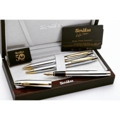 Scrikss Marka Gold Krom 3 lü Kalem Seti Lüks Deri Kutuda