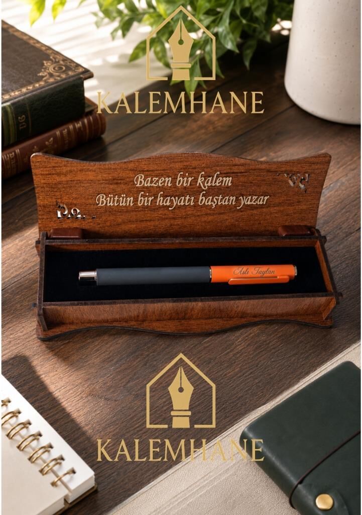 Kişiye Özel Mat Pastel Renk Ahşap Kutulu Roller Kalem ( Turuncu )