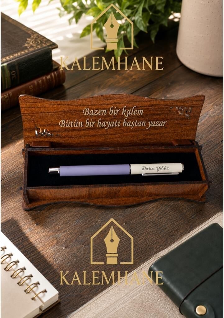 Kişiye Özel Mat Pastel Renk Ahşap Kutulu Roller Kalem ( Mor )