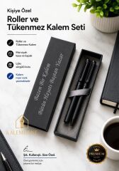 Mat Siyah Kişiye Özel Lüks Kutulu Roller ve Tükenmez Kalem Seti
