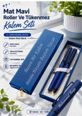 Mat Mavi Kişiye Özel Lüks Kutulu Roller ve Tükenmez Kalem Seti