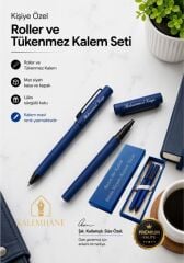 Mat Mavi Kişiye Özel Lüks Kutulu Roller ve Tükenmez Kalem Seti