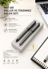 Mat Gri Kişiye Özel Lüks Kutulu Roller ve Tükenmez Kalem Seti