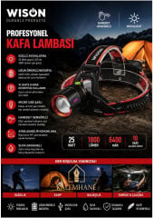 Kalemhane  WISON Profesyonel Kafa Lambası 25W 1800 Lümen Hareket Sensörlü 6400 mAh Şarjlı LED Kafa Feneri