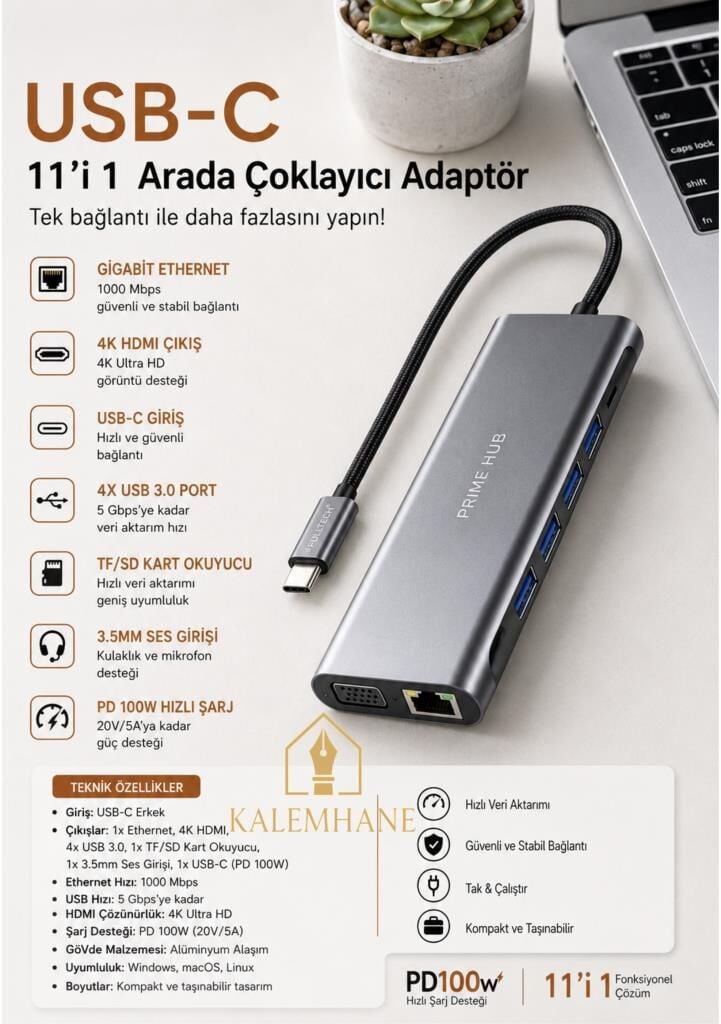 Kalemhane FULLTECH USB-C 11'i 1 Arada Çoklayıcı Adaptör