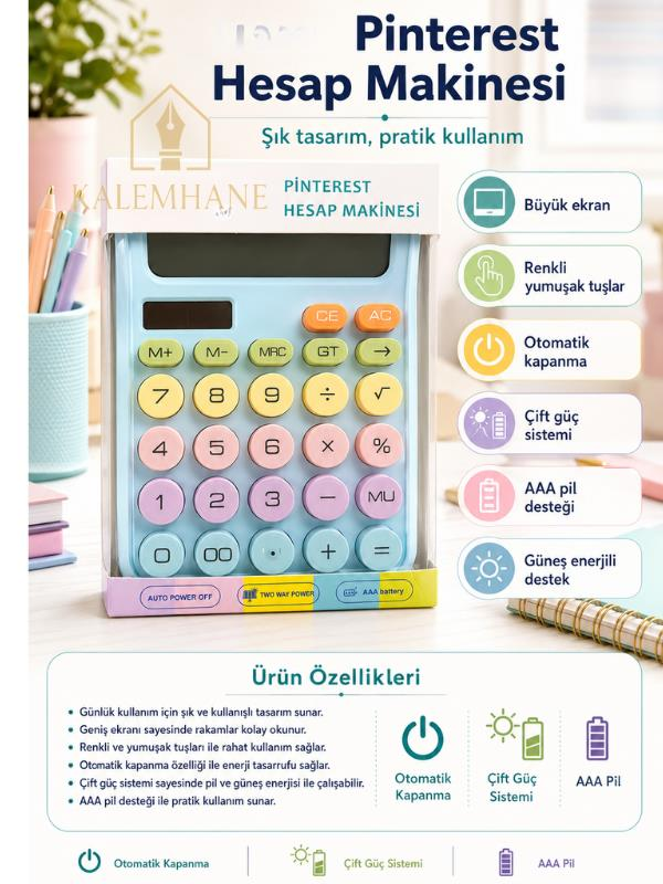 Renkli Tuşlu Büyük Ekran Hesap Makinesi Çift Güç Sistemli Güneş Enerjili AAA Pil Destekli