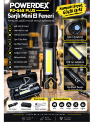 Kalemhane  POWERDEX PD-568 Plus Şarjlı Mini El Feneri – Güçlü LED, COB Yan Işık, Type-C Şarjlı, Cep Klipsli ve Kutulu