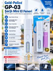 Kalemhane  GP-03 Şarjlı Mini El Feneri Type-C Şarjlı Zoomlu LED ve COB Yan Işıklı