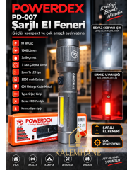 Kalemhane  POWERDEX PD-007 Şarjlı El Feneri 1000 Lümen 10W Zoomlu LED, COB Yan Işık, Type-C Şarjlı 2200 mAh