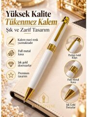 Kalemhane Yüksek Kalite Beyaz Gold Tükenmez Kalem – Kişiye Özel Hediyelik Kutulu