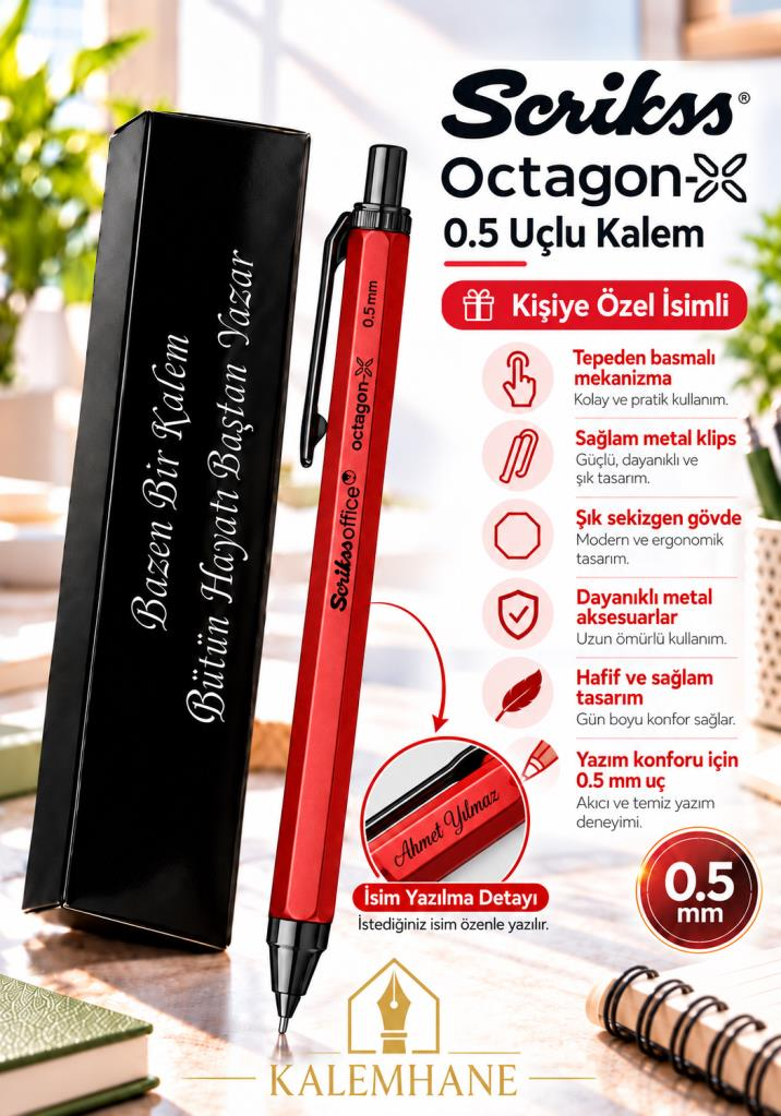 Kalemhane Scrikss Octagon-X 0.5 mm Uçlu Kalem Kırmızı