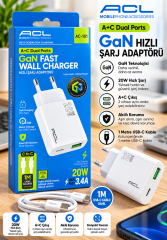 Kalemhane ACL 20W GaN Hızlı Şarj Adaptörü – USB-A + Type-C Çift Çıkışlı, QC Destekli, 3.4A