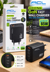 Kalemhane ACL 65W GaN Hızlı Şarj Adaptörü – 3 Type-C + 1 USB-A Çıkışlı, PD ve QC Destekli, Akıllı Korumalı Şarj Cihazı
