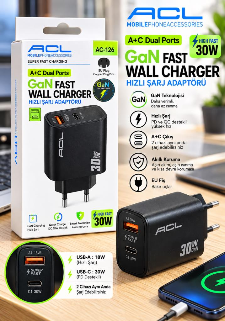 Kalemhane 30W GaN Hızlı Şarj Adaptörü – Type-C + USB-A Çift Çıkışlı, PD ve QC Destekli, Akıllı Korumalı Şarj Cihazı – Siyah