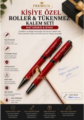 Mat Kıemızı Lüks Kutulu Roller ve Tükenmez Kalem Seti