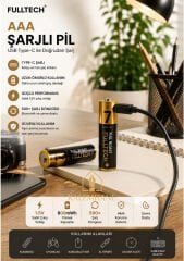 Kalemhane FULLTECH AAA Typ c şarj edilebilir lityum pil 2li set