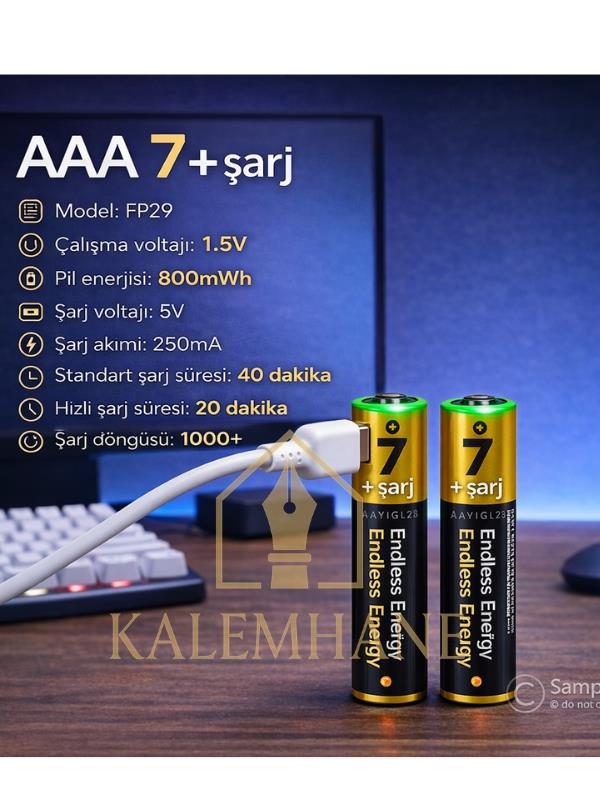 Kalemhane AAA Typ c şarj edilebilir lityum pil 2li set