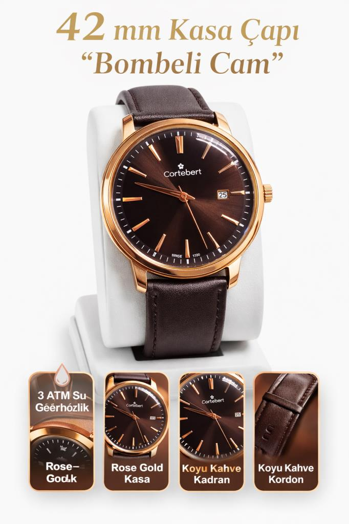 Cortebert Kristal Bombeli Cam Erkek Kol Saati Deri Kordon